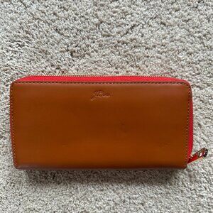 NWT J. Crew Tan Leather Wallet with Red Accents Gold Zipper